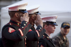 NEW YORK - NOV 11, 2014: Two US Marines salute as they march pas